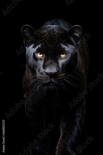 A sleek, powerful black panther with piercing yellow eyes prowls through the darkness, its fierce feline form blending seamlessly into the wild jungle landscape photo