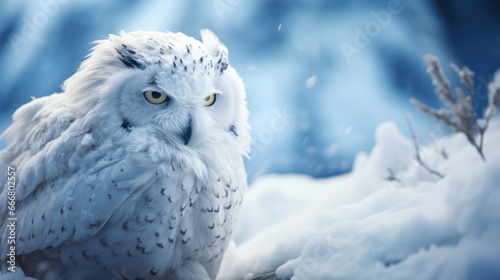Snowy owl bird of prey looking at camera in snow. Snow-covered snow owl staring directly at the camera