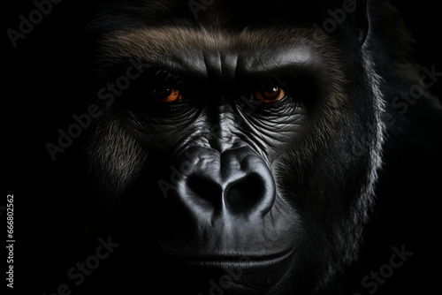 Behold the untamed intensity of a dark simian gaze, as a majestic gorilla's face reveals the raw power and primal beauty of this magnificent mammal © 123dartist
