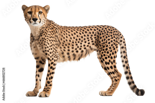 A fierce and elegant felidae, the cheetah stands tall on a stark black canvas, its sleek form exuding raw power and untamed grace as it gazes into the distance with piercing eyes and twitching whiske