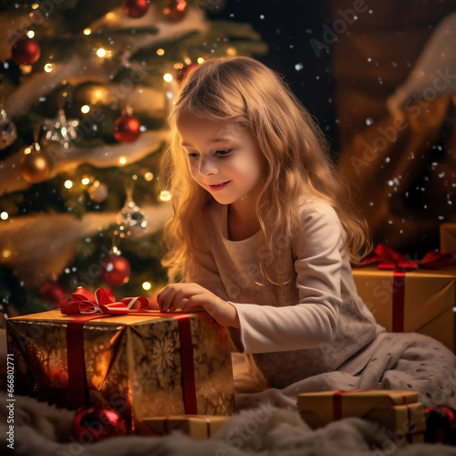 Cute little girl with a gift in a beautiful Christmas interior.