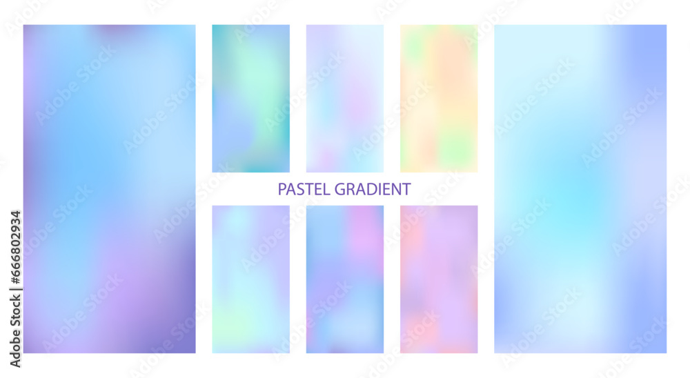 Gradient pastel winter vector background set. Flow light design wallpaper. Blue, purple, pink, green, yellow colors. Blur vertical illustration
