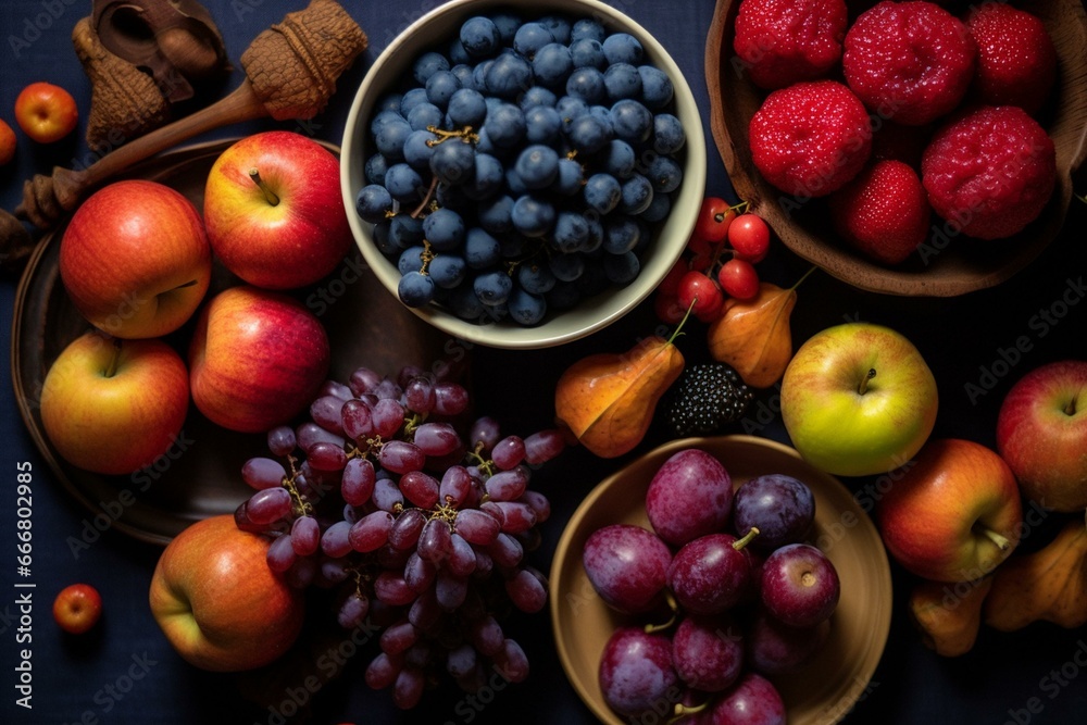 Overhead view of fall food still life featuring seasonal fruits and vegetables such as Bangalore blue grape, red apples, pumpkins, and figs on a table. Generative AI - obrazy, fototapety, plakaty 