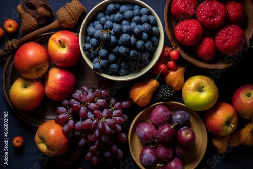 Overhead view of fall food still life featuring seasonal fruits and vegetables such as Bangalore blue grape, red apples, pumpkins, and figs on a table. Generative AI