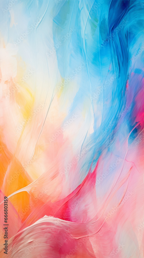 A vibrant and colorful abstract artwork with a mixture of blue, pink, yellow, and orange tones