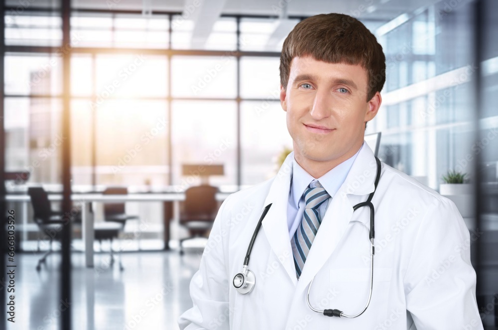Portrait of happy doctor man posing in hospital, AI generated image Portrait of happy doctor man posing in hospital, AI generated image