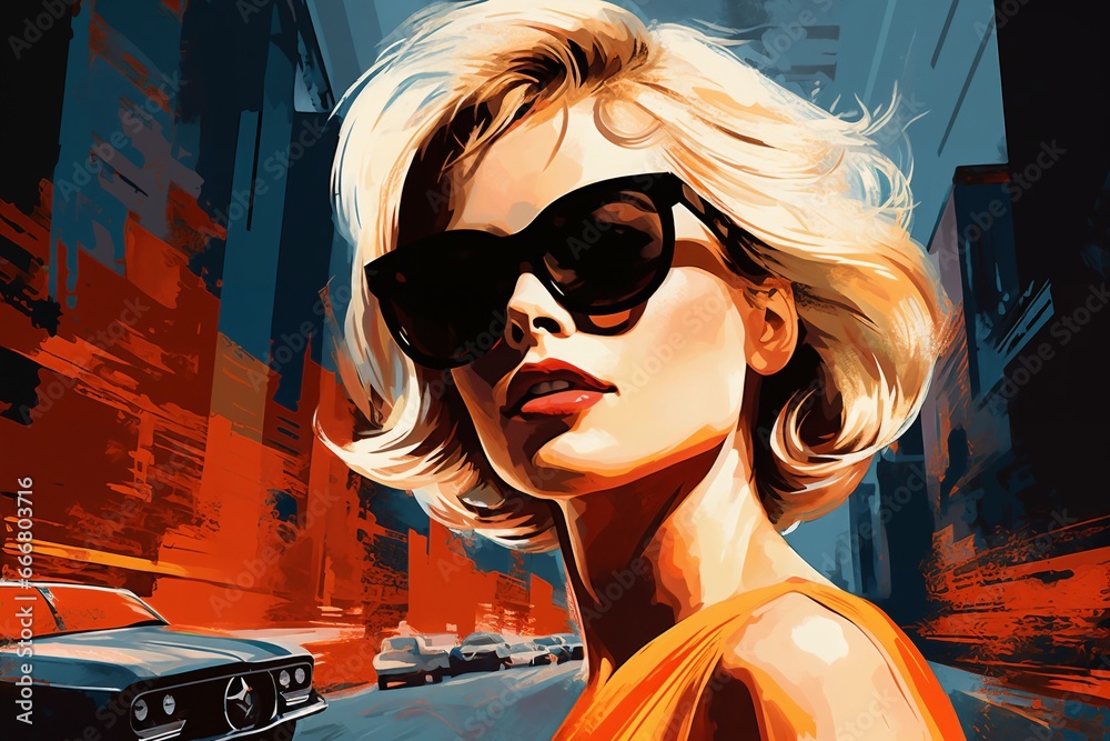 Portrait of a beautiful fashionable woman with a hairstyle and sunglasses, in a city street, at sunset. Illustration poster in the style of 1960