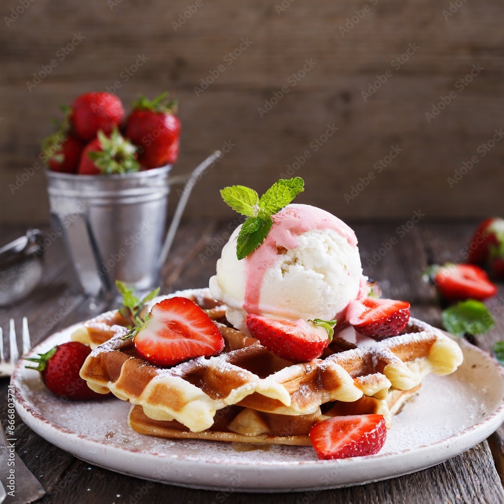 Waffles with ice cream and strawberries dessert Waffles with ice cream and strawberries dessert