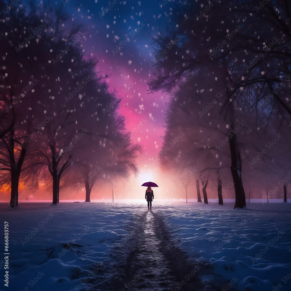 Woman with umbrella walking in winter forest at night with falling snow.