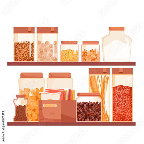 Cartoon isolated buffet wooden shelf with spice packs, metal can and glass bottles with lid, jars with cereal goods for cooking. Kitchen cupboard shelves with food products vector illustration