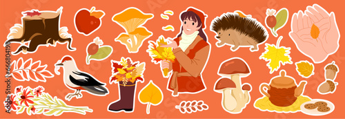 Cartoon isolated cute red and yellow maple, oak, rowan tree leaves of forest in boot or girls hand, mushroom in fall patches collection on orange background. Autumn stickers set vector illustration