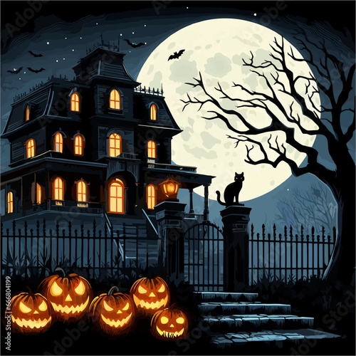 casa, luna, arbol, hallowen,  gato, calabaza