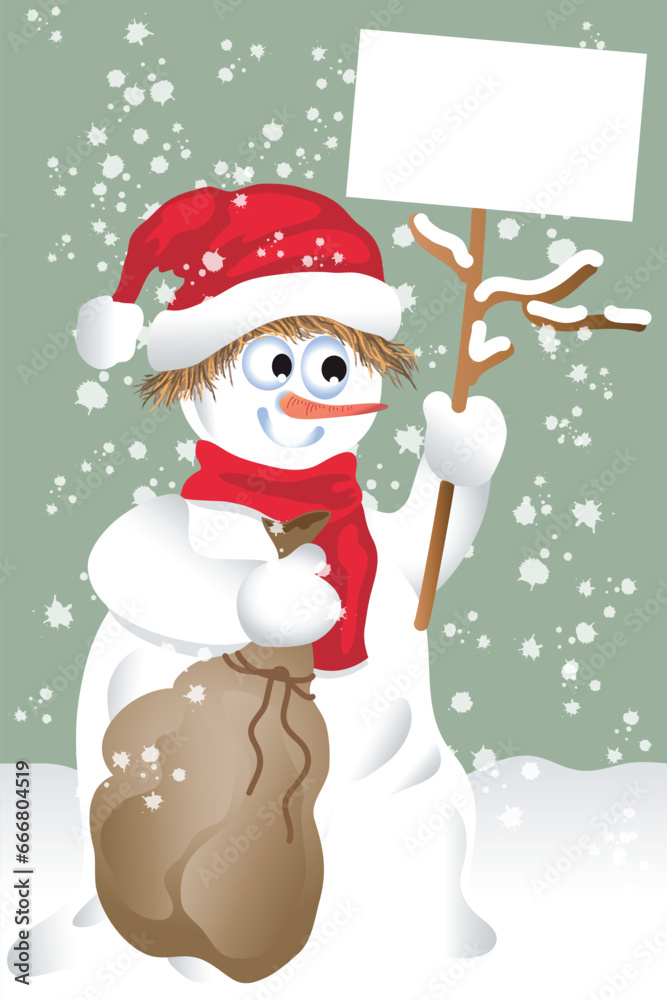 Snowman with Santa Claus hat and blank sign for greetings, each part is grouped and editable