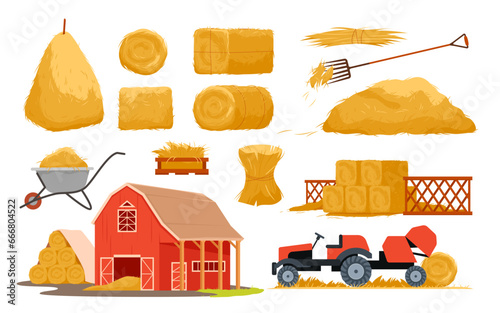 Agricultural hay harvest set vector illustration. Cartoon isolated farm agriculture collection of haystacks and bales, golden straw heap and tractor hay baler, wheelbarrow and pitchfork, wooden barn