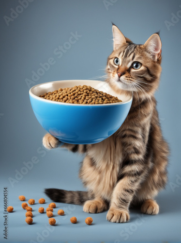 A cute tabby cat holding a bowl of food with his paw. Blue background. Humor with animals