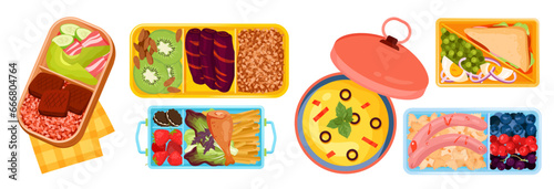 Lunch box with food set vector illustration. Cartoon isolated top view of open plastic divided trays with packed portions, healthy meals and snacks menu in lunchbox containers for eating in lunchtime