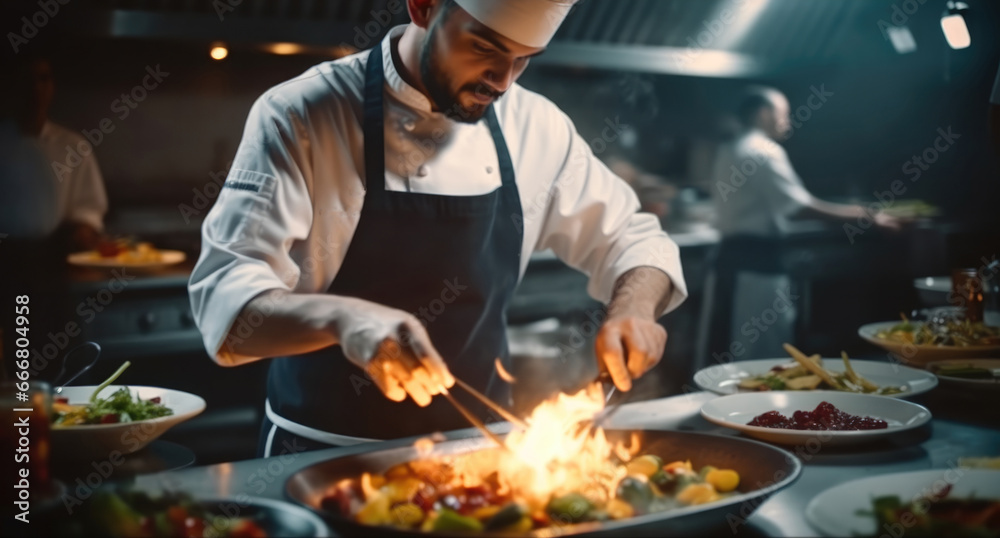 Professional chef preparing a gourmet meal in restaurant kitchen. Professional chef preparing a gourmet meal in restaurant kitchen.