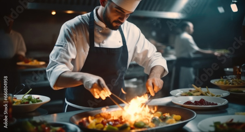 Professional chef preparing a gourmet meal in restaurant kitchen.