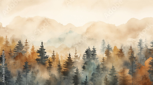 A lush, green landscape with a dense forest of towering trees