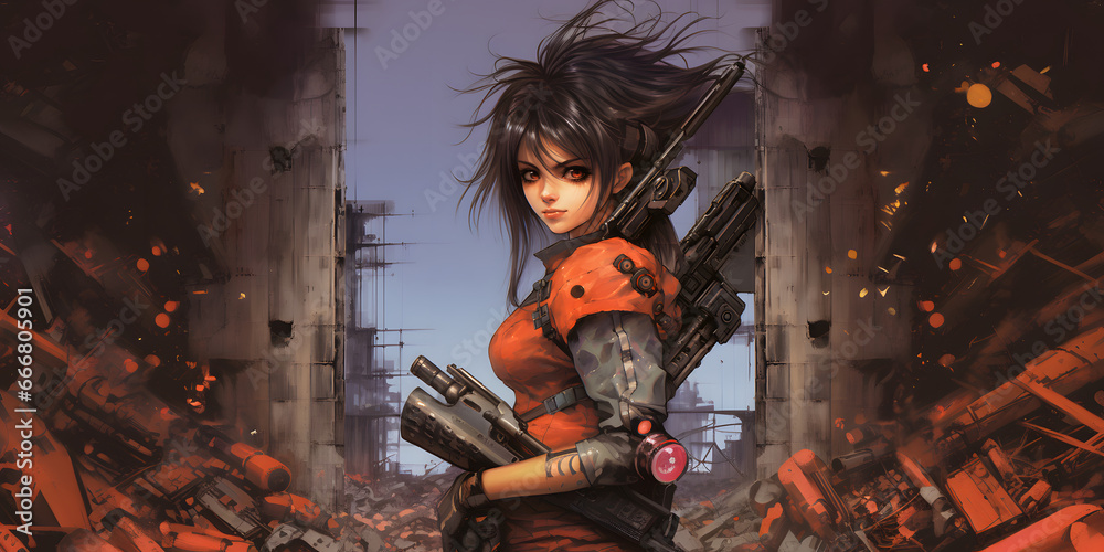 Naklejka premium anime cyborg soldier warrior in an apocalyptic cyberpunk world