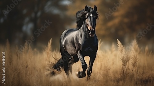 Beautiful black horse galloping in the field at sunset. AI generated image © prastiwi