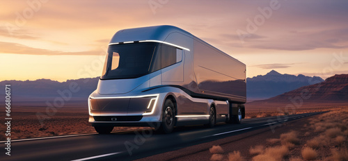 Futuristic truck driving on road in desert landscape photo