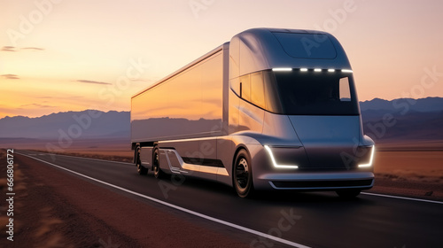 Futuristic truck driving on road in desert landscape