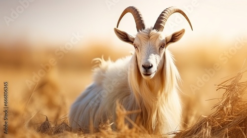 Adult goat with big horns isolated blurred background. AI generated image