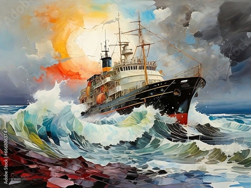 A Steam Merchant Ship on the Sea: A Vibrant and Colorful Painting photo