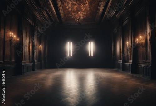 Abstract renaissance empty big hall dark gothic light and smoke room