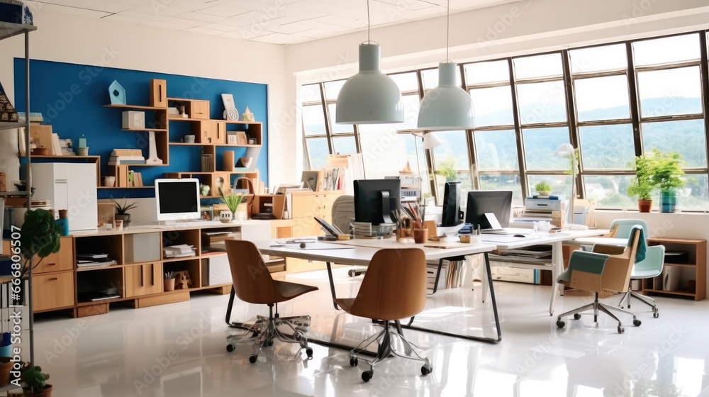 Interior of graphic designer's workplaces in modern office.