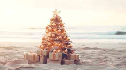 christmas tree on sandy tropical beach