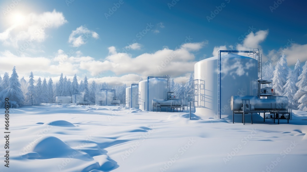 Storage sphere tanks, Large metal hydrogen gas storage tanks in winter landscape. - obrazy, fototapety, plakaty 