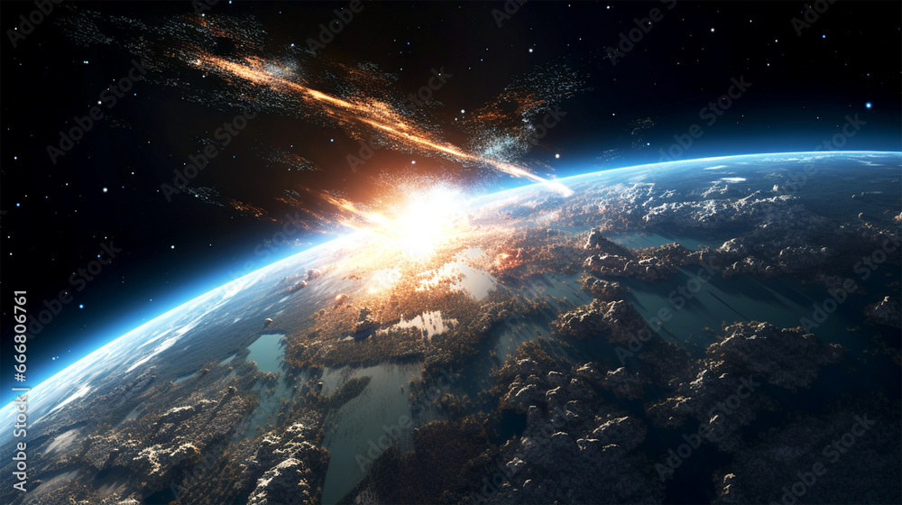 Fototapeta premium view from space meteoritrs with firetrail approaching Earth