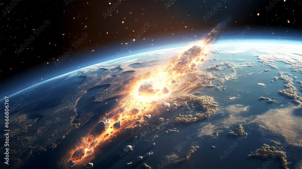 view from space meteoritrs with firetrail approaching Earth view from space meteoritrs with firetrail approaching Earth