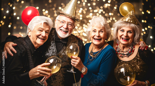 senior friends in their 70/s having fun at New Year party
