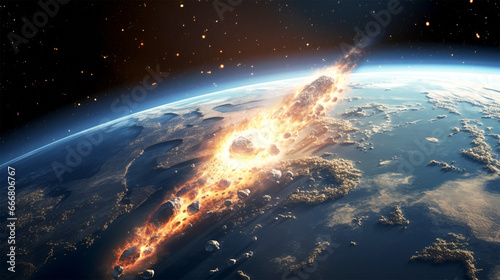 view from space meteoritrs with firetrail approaching Earth