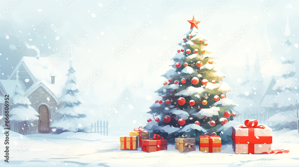 snowy Christmas scene with decorated tree
