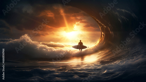 surfer going into the waves at sunset