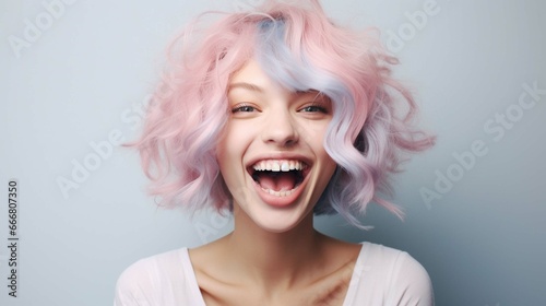 young laughing woman with pastel pink hair, tongue sticking out, blue eyes, peace gestures funny facial expressions 