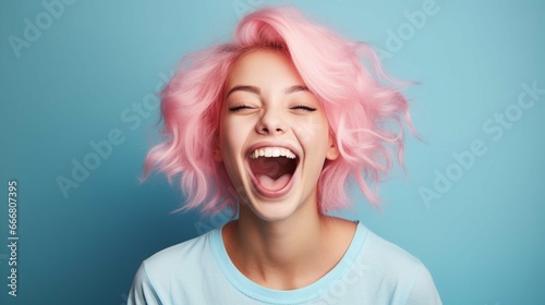 young laughing woman with pastel pink hair, tongue sticking out, blue eyes, peace gestures funny facial expressions 