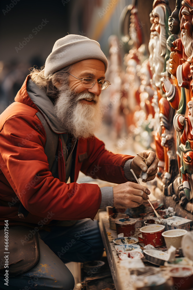 Joyful craftsman painting festive figurines amidst a vibrant Christmas market setting.