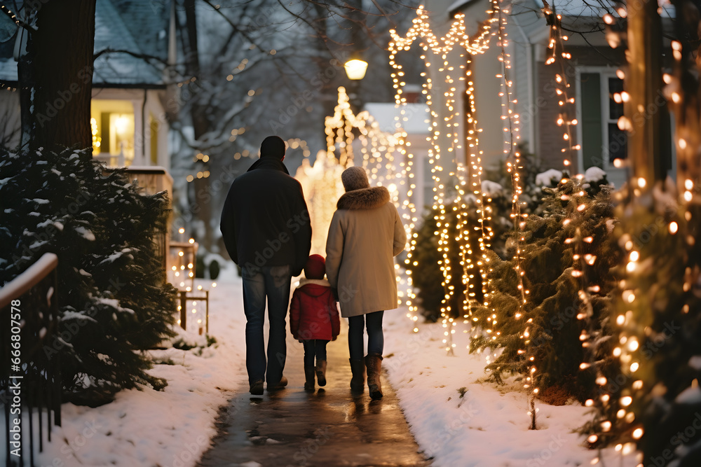 A family walks amidst snowy surroundings, with homes lit by enchanting Christmas lights.