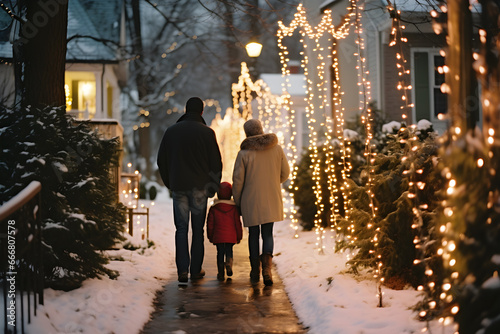 A family walks amidst snowy surroundings, with homes lit by enchanting Christmas lights.