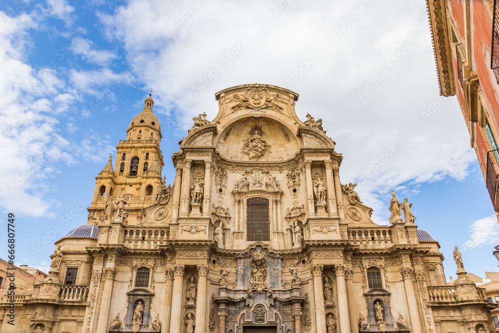 Facade of the historic cathedral in Murcia, Spain