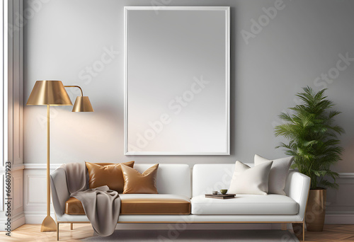 stylish modern room interior, poster mockup with white frame on interior wall background, comfortable relaxation place at home. © Perecciv