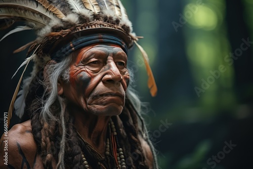 Portrait of an old Native American man in a headdress with feathers. Historical Concept. Background with a copy space. photo