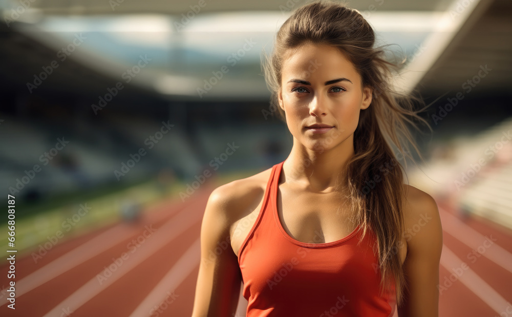 Runner woman at starting line at athletics stadium.