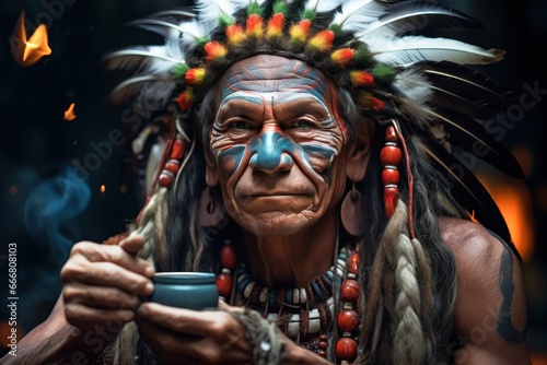 Portrait of an American indian man with a cup of coffee. Historical Concept. Background with a copy space.