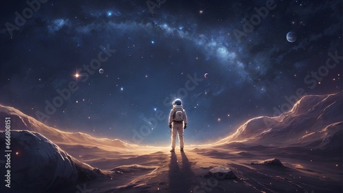 Wallpaper of astronaut in space with lots of stars and planets. AI Generated